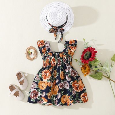 Toddler Girl Ruffled Sleeve Floral Ruffles Dress & Hat