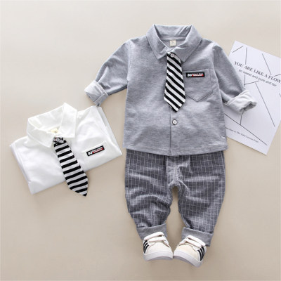 2-piece Toddler Boy Solid Color Letter Printed Lapel Shirt & Striped Straight Pants