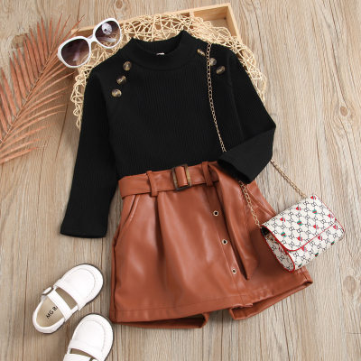 2-piece Toddler Girl Solid Color Ribbed Button Decor Long Sleeve Top & Leather Belted Button Front Skirted Shorts