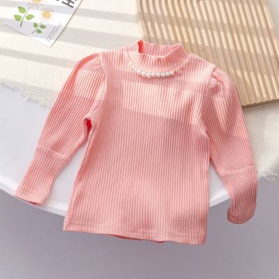 Toddler Girl 100% Cotton Solid Color Ribbed Beads Decor Mock Neck Long Sleeve T-shirt