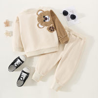 2-piece Toddler Girl Bear Style Ptchwork Sweatshirt & Solid Color Pants  Beige