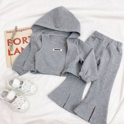 3-piece Toddler Girl Plain Cropped Tank Top & Solid Color Hooded Zip-up Jacket & Flare Pants