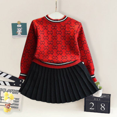 2-piece Toddler Girl Allover Geometric Pattern Knitted Sweater & Solid Color Pleated Skirt