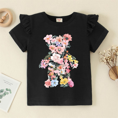 Camiseta de algodón con oso liso floral para niñas pequeñas