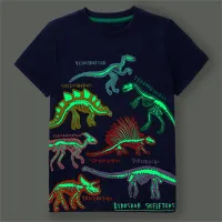 Camiseta con estampado de dinosaurio fluorescente para niños pequeños  Azul marino