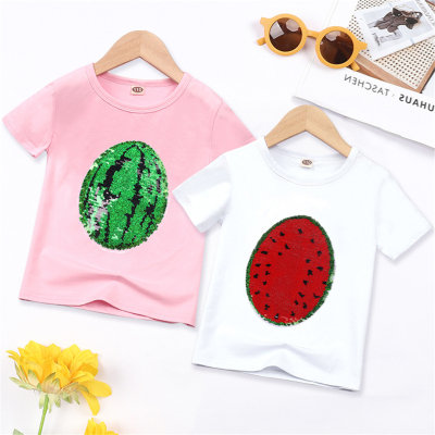 Camiseta de manga corta con estampado de frutas y patrones cambiables de lentejuelas para niños pequeños