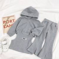 3-piece Toddler Girl Plain Cropped Tank Top & Solid Color Hooded Zip-up Jacket & Flare Pants  Gray