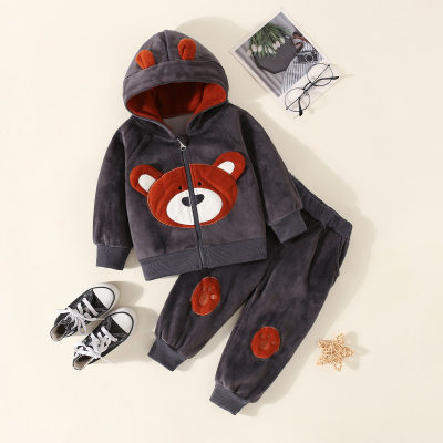 2-piece Toddler Boy Pleuche Bear Appliqué Hooded Zip-up Jacket & Matching Pants
