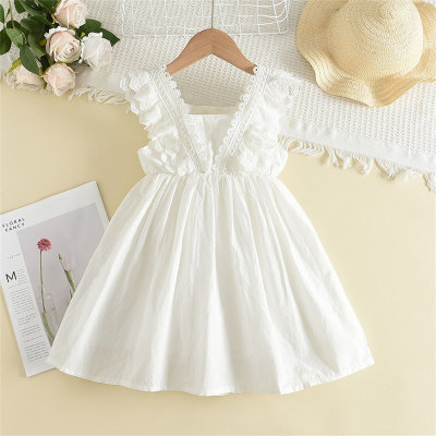 Toddler Girl Solid Color Ruffled Patchwork Square Neck Sleeveless Dress