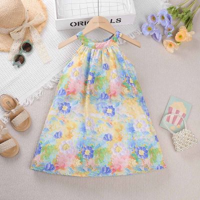 Toddler Girl Floral Printed Halted Neck Sleeveless Dress