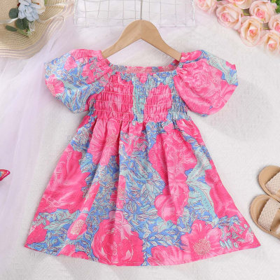 Toddler Girl Color-block Floral Printed Short Puff Sleeve Dress