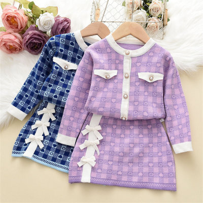 2-piece Toddler Girl Heart-shaped Plaid Button Front Knitted Jacket & Bowknot Decor Skirt