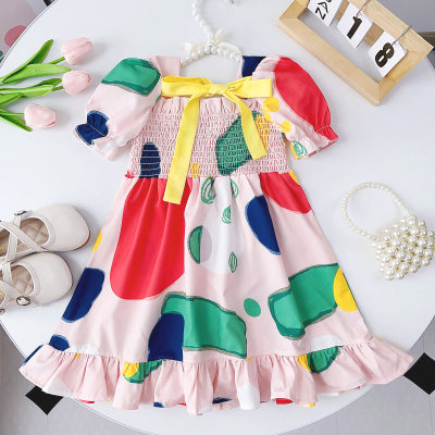 Toddler Girl Color-block Square Neck Bowknot Tied Short Sleeve Dress
