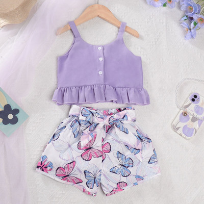 3-piece Toddler Girl Solid Color Ruffled Cami Top & Butterfly Printed Shorts & Belt