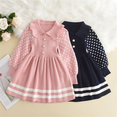Toddler Girl Ribbed Lapel Bead Front Long Polka Dotted Sleeve Knitted Dress