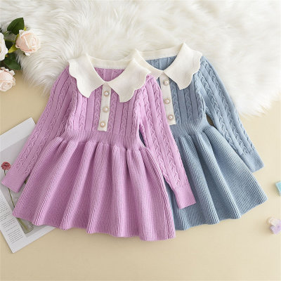 Toddler Girl Color-block Lapel Patchwork Bead Front Long Sleeve Knitted Dress