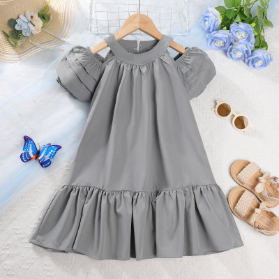 Toddler Girl Solid Color Dew Shoulder Short Sleeve Dress
