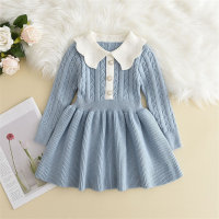 Toddler Girl Color-block Lapel Patchwork Bead Front Long Sleeve Knitted Dress  Blue