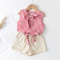 Toddler Girl Foral Printed Bowknot Decor Sleeveless Blouse & Solid Color Shorts  Red