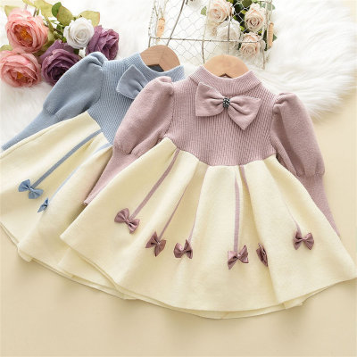Toddler Girl Color-block Bowknot Decor Gigot Sleeve Knitted Dress