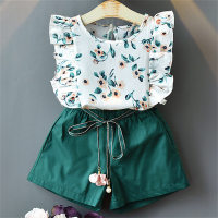 طقم بدلة بناتي صيفي 2قطع:قميص بدون أكمام مطبع بنمط الأزهار+شورت أبوحزام  أخضر