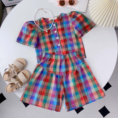 2-piece Toddler Girl Pure Cotton Color-block Plaid Short Sleeve Blouse & Matching Shorts