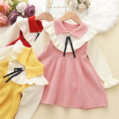 Toddler Girl Color-block Ruffled Lapel Bowknot Decor Long Sleeve Knitted Dress