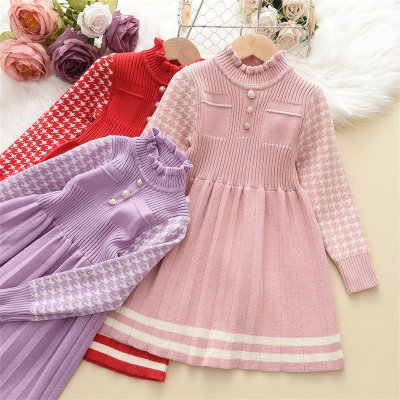 Toddler Girl Solid Color Ribbed Houndstooth Patchwork Button Front Mock Neck Long Sleeve Knitted Dress