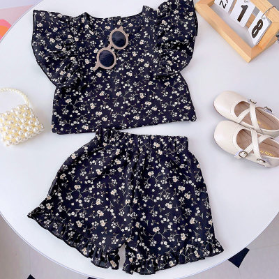 2-piece Toddler Girl Allover Floral Printed Fly Sleeve Blouse & Matching Shorts