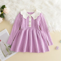 Toddler Girl Color-block Lapel Patchwork Bead Front Long Sleeve Knitted Dress  Purple