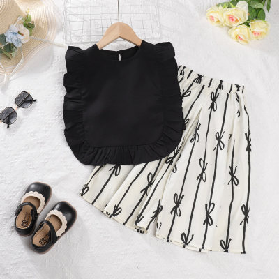 2-piece Toddler Girl Solid Color Sleeveless Blouse & Striped Bowknot Pattern Pants