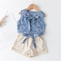 Toddler Girl Foral Printed Bowknot Decor Sleeveless Blouse & Solid Color Shorts  Blue