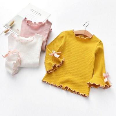 Toddler Girl Solid Color Bowknot Decor Long Flare Sleeve T-shirt