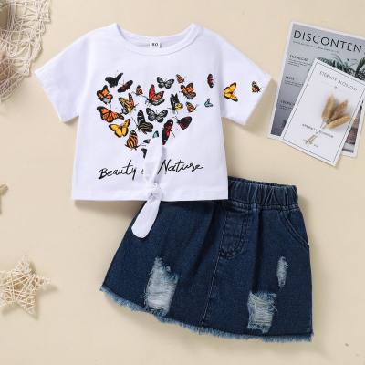 T-shirt et jupe en jean Eleguard Butterfly pour toute-petite fille