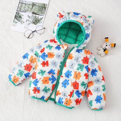 Toddler Boy Allover Jigsaw Printed 3D Ear Design Hooded Zip-up Cotton-padded Jacket