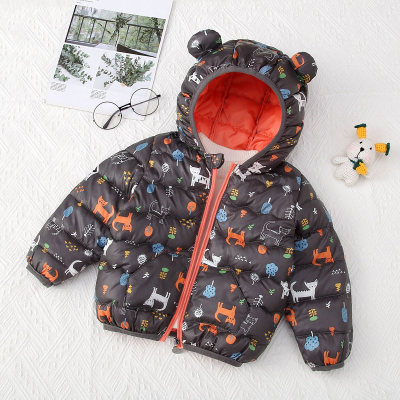 Toddler Boy Allover Cartton Animal Printed 3D Ear Design Hooded Zip-up Cotton-padded Jacket
