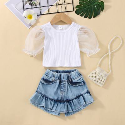 Toddler Solid Color Lace Decor Puff Sleeve Blouse & Pants