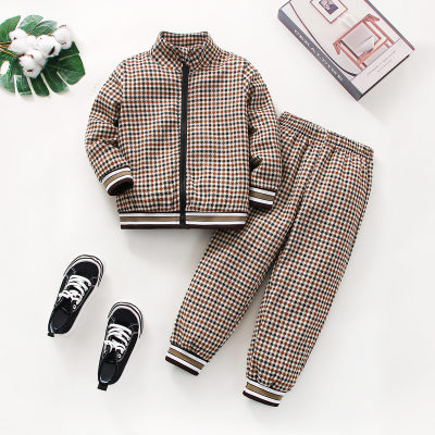 2-piece Toddler Boy Houndstooth Stand Up Collar Zip-up Jacket & Houndstooth Pencil Pants