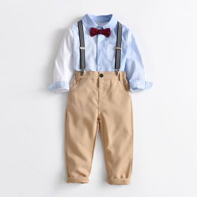 2-piece Toddler Boy Gradient Color Bowknot Decor Button-up Shirt & Solid Color Dungarees