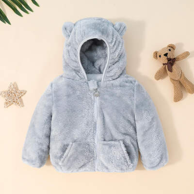 Toddler Girl Solid Short Hooded Plush Jacket with Ears
