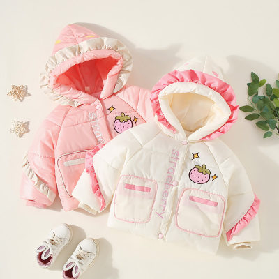 Toddler Girl Strawberry Pattern Ruffled Patchwork Pocket Front Hooded Cotton-padded Jacket