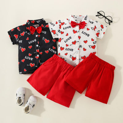 3-piece Toddler Boy Pure Cotton Allover Letter and Heart Printed Short Sleeve Shirt & Solid Color Shorts & Bowtie