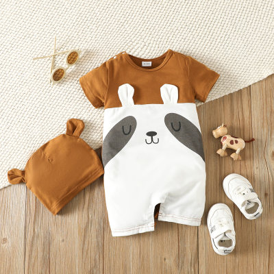 2-piece Baby Color-block Panda Style Patchwork Short Sleeve Boxer Romper & Matching Infant Hat