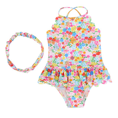 طقم ملابس سباحة للفتيات مكون من قطعتين مع عصابة رأس بطباعة زهور صغيرة