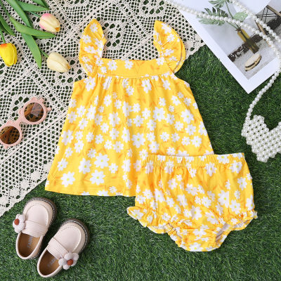2 Pieces Baby Girl Summer Outfit Yellow Flowers