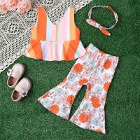 3 Pieces Baby Girls Outfit Summer Top Pants Hairband  Multicolor