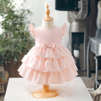 1 vestido de bebê de verão com laço de cor sólida