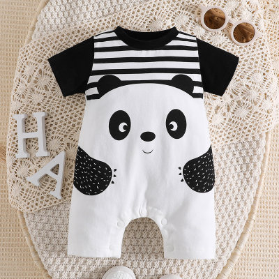 Baby Pure Color Panda Style Stripe Pattern Short Sleeve Boxer Romper
