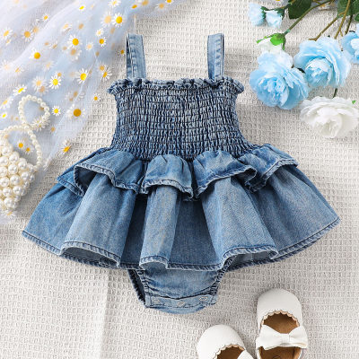 Baby girl spring and summer new cotton cute sleeveless sling denim triangle romper crawling clothes two-layer skirt baby jumpsuit