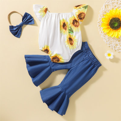 3-piece Baby Girl Sunflower Printed Slash Neck Romper & Solid Color Flare Pants & Headwrap